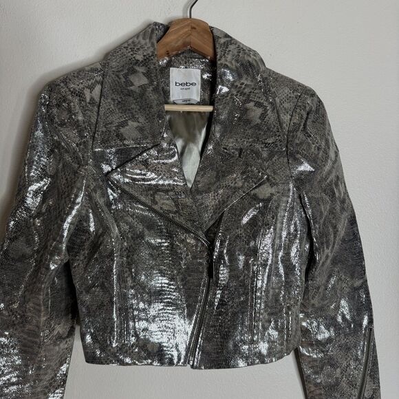 Bebe Jacket Small Silver Cropped Moto Snakeskin Print Metallic Zip y2k disco - Picture 3 of 10